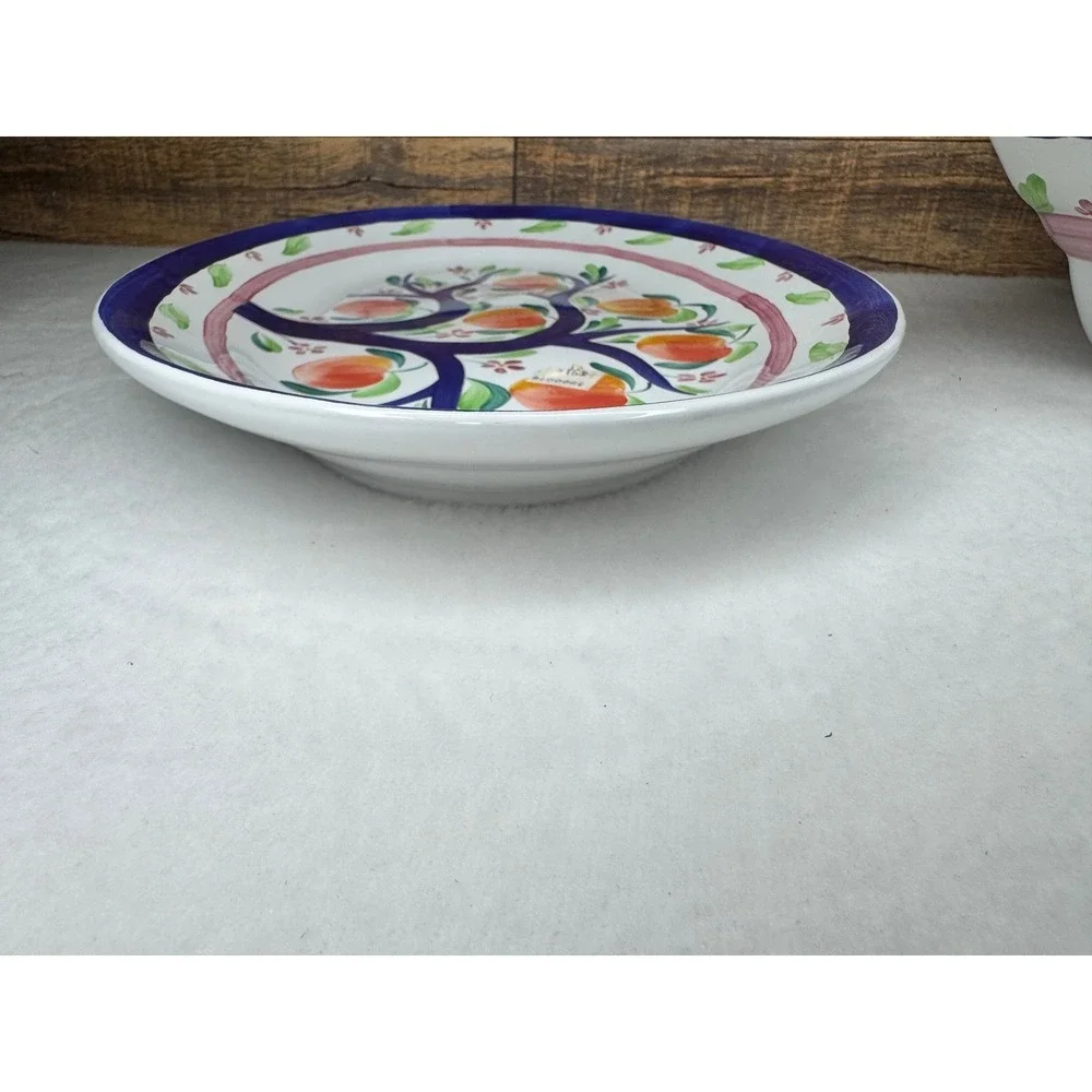 Herend Village Pottery Peach Tree Platter & Triangle Bowl Set Blue Pink‎